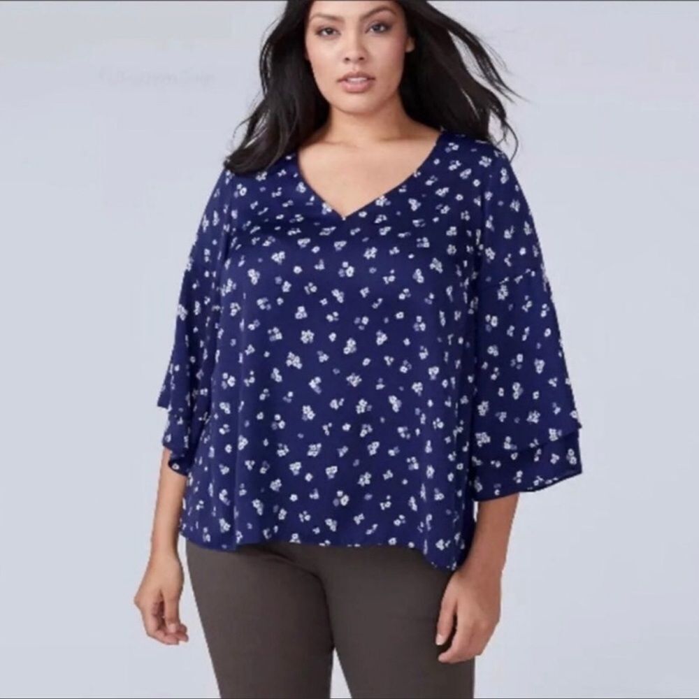 Lane Bryant‎ navy floral tiered sleeve blouse
